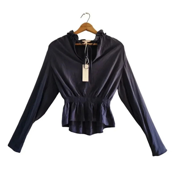 NWT Rebecca Taylor Ruffled Blouse Womens Size Small Navy Slit Neck Long Sleeve - Picture 2 of 10